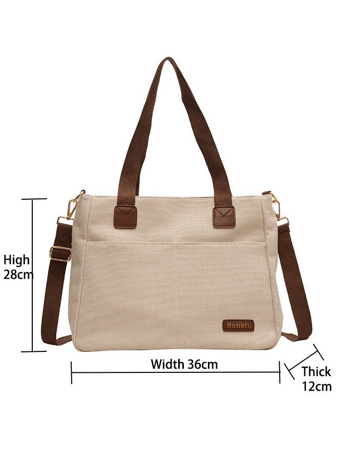 Canvas Tote Bag with Pockets,Crossbody Bag Tote，Large Canvas Tote Purse,Top Handle Shoulder Handbags,Casual Work Bags,Everyday Satchel Bags, Everything Tote Bag for Working,Traveling,Shopping,one size,brown