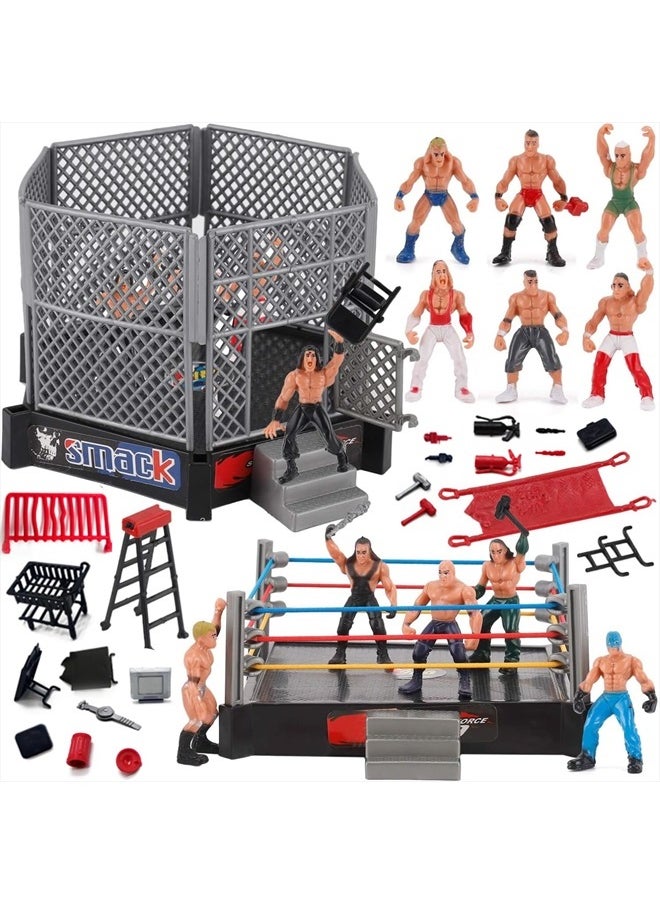 Ring Playset with 32-Piece Wrestling Action Figures for Boys 8-12 Playset, Comes with Wrestling Ring, Realistic Action Figures