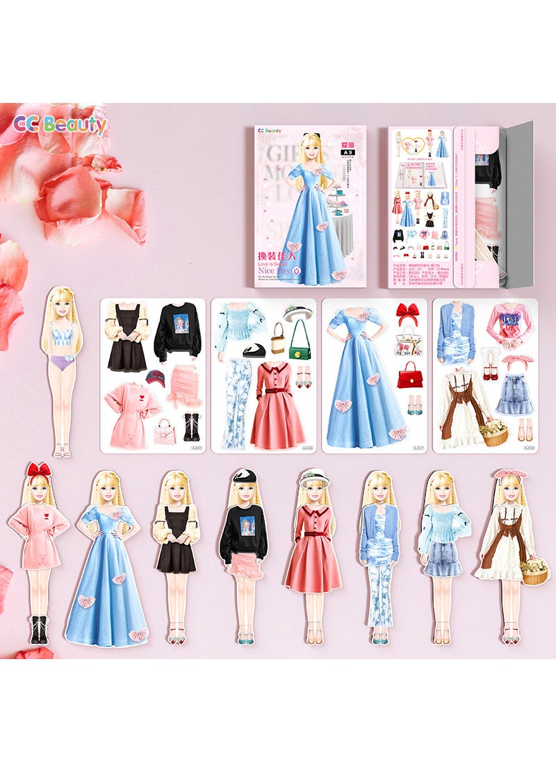 Factory Straight Hair Internet Celebrity Princess Magnetic Dress-up Sticker Early Education Enlightenment Toys Magnetic Sticker Quiet Book DIY Beauty Costume Collection Bag Ailin-(Sakura Powder)