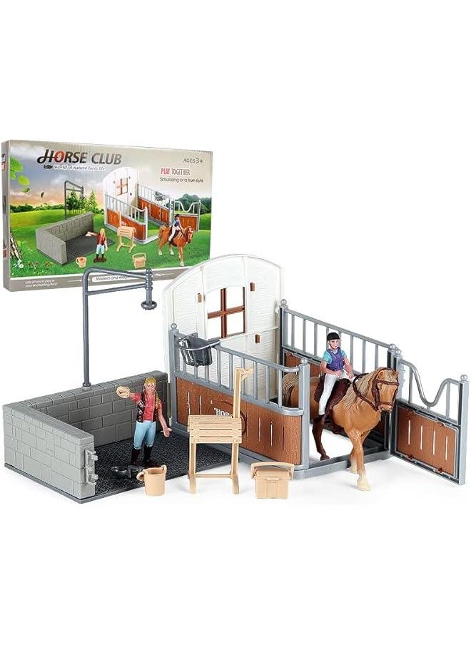 Horse Stable Playset Toys with Horse Wash Area, 13 Pieces Horse Club Set Horse Toy Figures for Boys Girls, Horse Stall Horse Barn Set with Tennessee Mare(0637A)