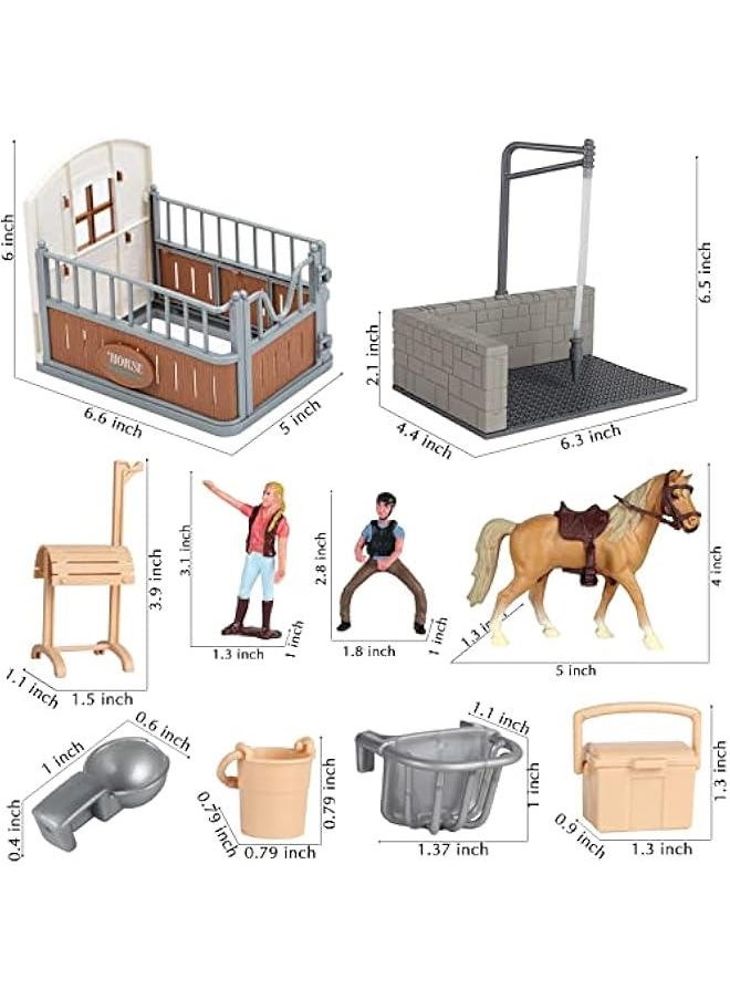 Horse Stable Playset Toys with Horse Wash Area, 13 Pieces Horse Club Set Horse Toy Figures for Boys Girls, Horse Stall Horse Barn Set with Tennessee Mare(0637A)