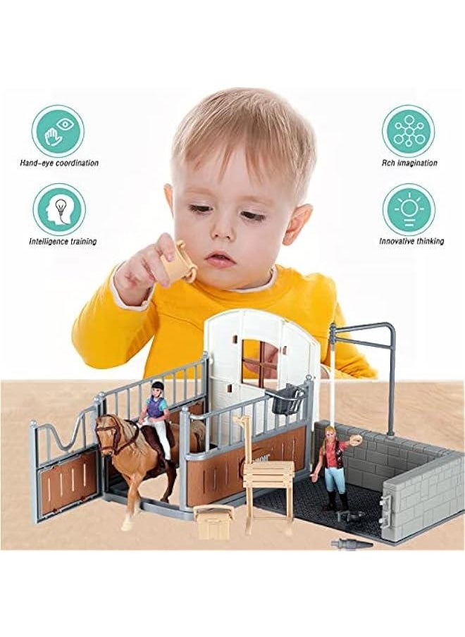 Horse Stable Playset Toys with Horse Wash Area, 13 Pieces Horse Club Set Horse Toy Figures for Boys Girls, Horse Stall Horse Barn Set with Tennessee Mare(0637A)