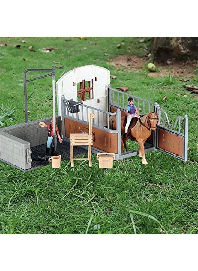 Horse Stable Playset Toys with Horse Wash Area, 13 Pieces Horse Club Set Horse Toy Figures for Boys Girls, Horse Stall Horse Barn Set with Tennessee Mare(0637A)