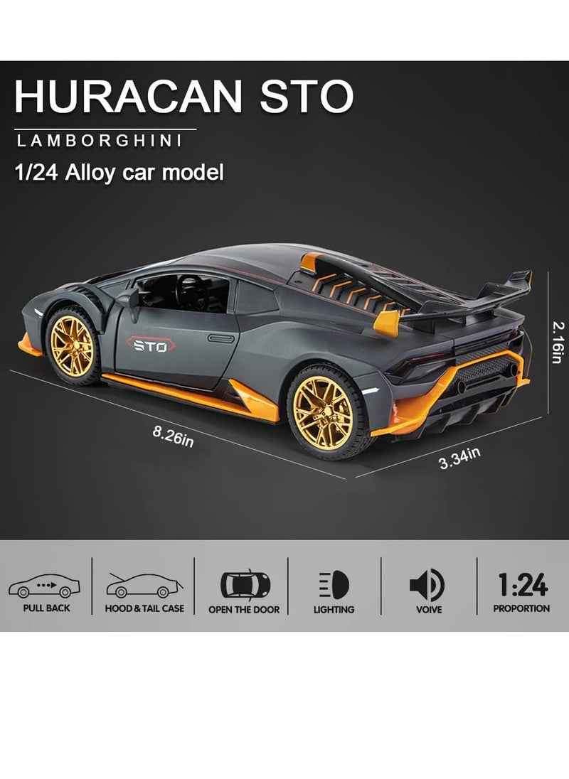 1:24 Alloy Diecast Car Model for Lamborghini Huracan STO 2021 Toy Car, Pull Back Vehicles Model Cars Toy for Kids 3 to 12 Years Old Gift Adult Collection Car Model with Light & Sound