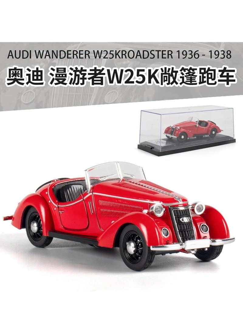 Diecast 1:32 Audi Wanderer W25K Roadster – Vintage Classic Car Model, Pull Back Replica with Sound & Light, Red Collectible Toy for Kids & Adults