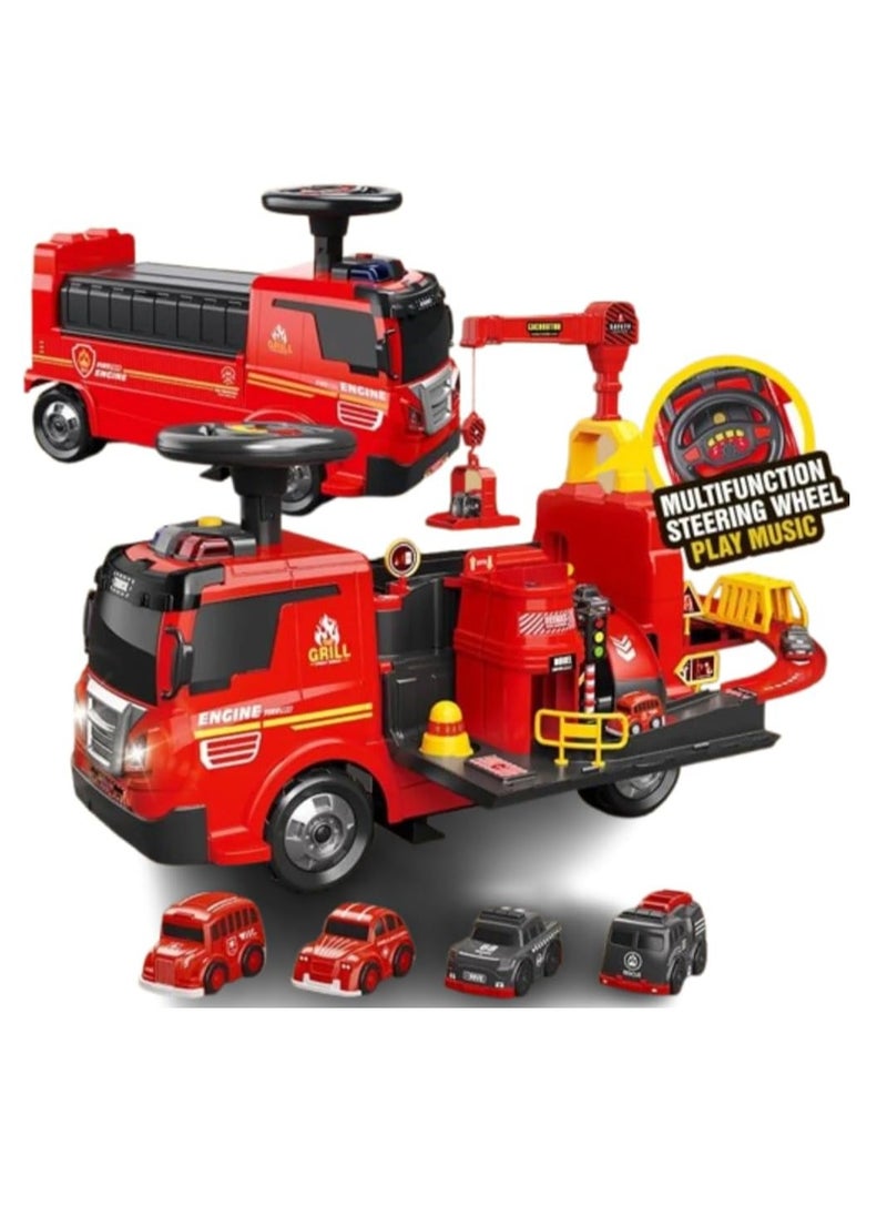 UKR 2-in-1 Ride-On Fire Truck Playset with Steering Wheel, Interactive Sounds, Crane, & 4 Cars - Red Toddler Push Car, Fire Engine & Road Traffic Toy for Kids