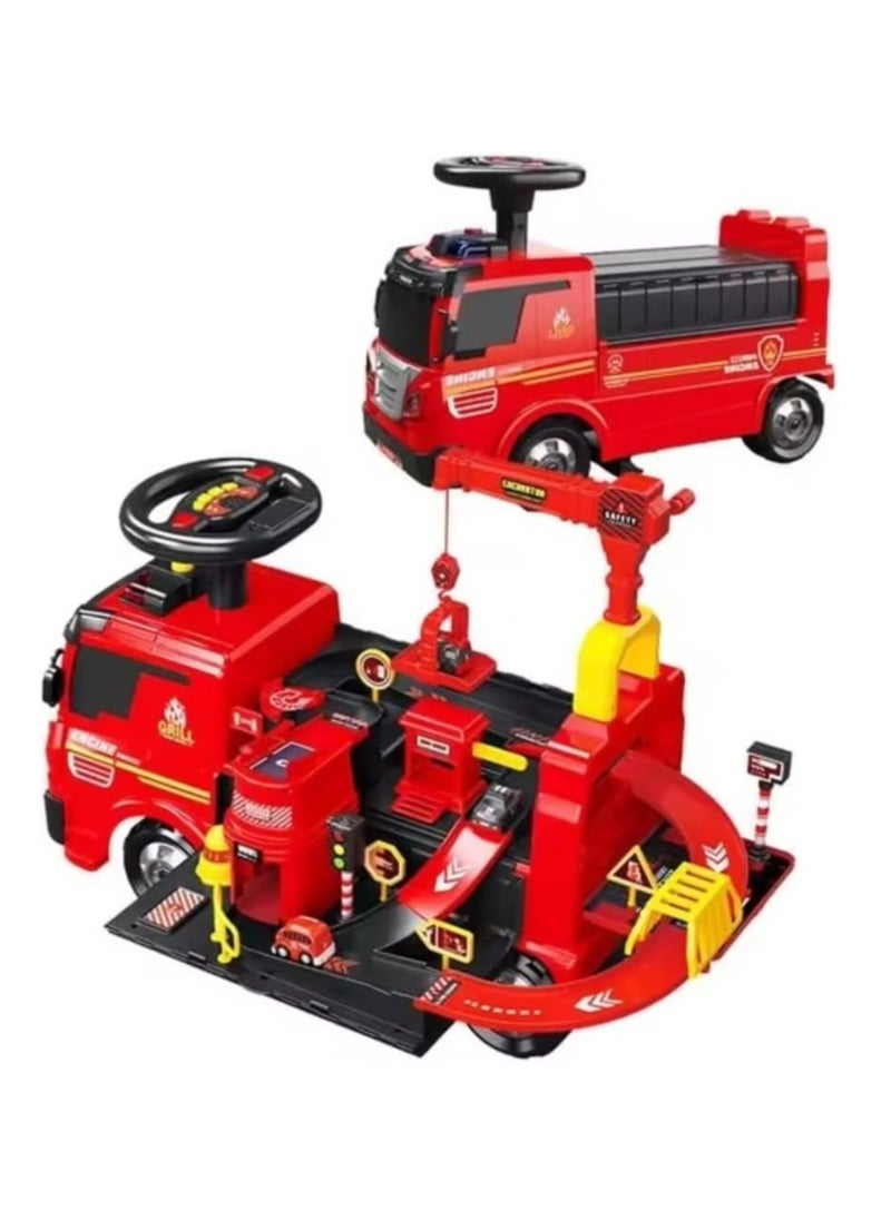 UKR 2-in-1 Ride-On Fire Truck Playset with Steering Wheel, Interactive Sounds, Crane, & 4 Cars - Red Toddler Push Car, Fire Engine & Road Traffic Toy for Kids