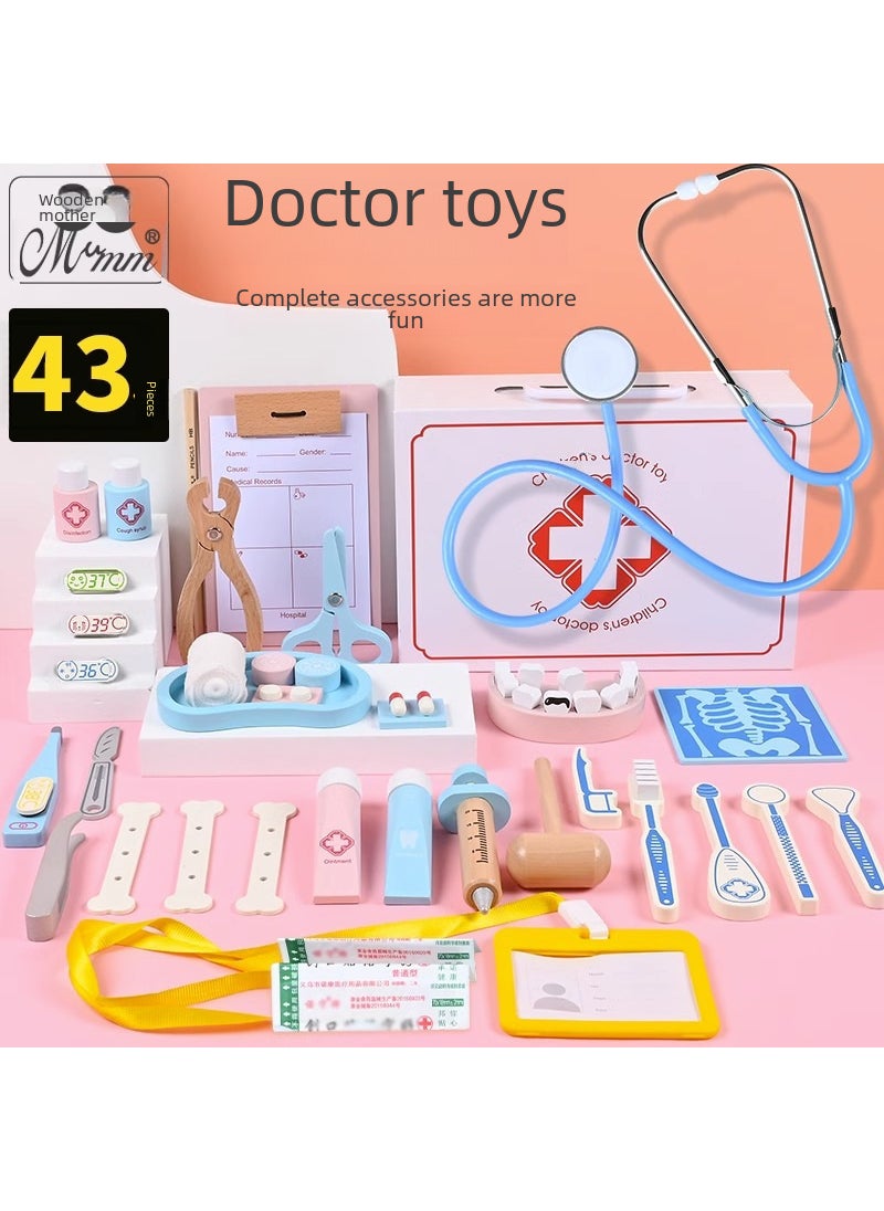 43-Piece Wood Toy Doctor Playset for Kids Doctor and nurse suit [medical kit + nurse's suit + Doctor's suit]]