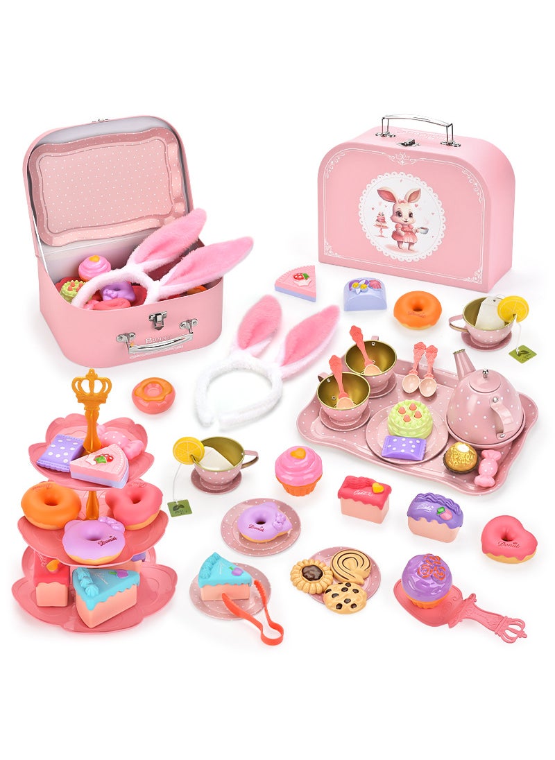 Cross-border Girls Play House Simulation Food Dessert Cake Coffee Tea Break Afternoon Tea Childrens Toy Gift Box Set Tinplate rabbit princess tea set afternoon tea [portable gift box] H610