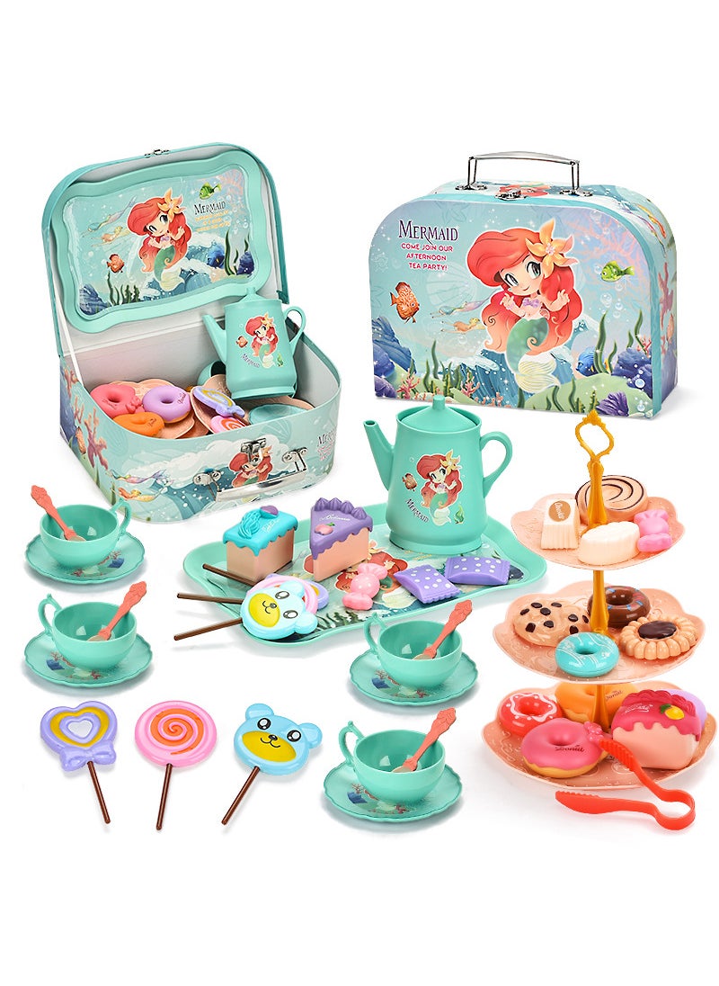 Pretend Play Desserts Tea Set Toy for Girls Mermaid tea set afternoon tea [portable gift box] B108