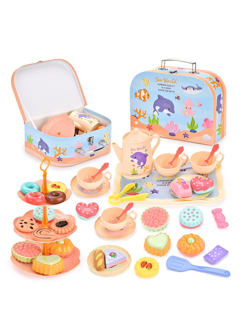 Pretend Play Desserts Tea Set Toy for Girls Ocean tea set afternoon tea [portable gift box] M5013