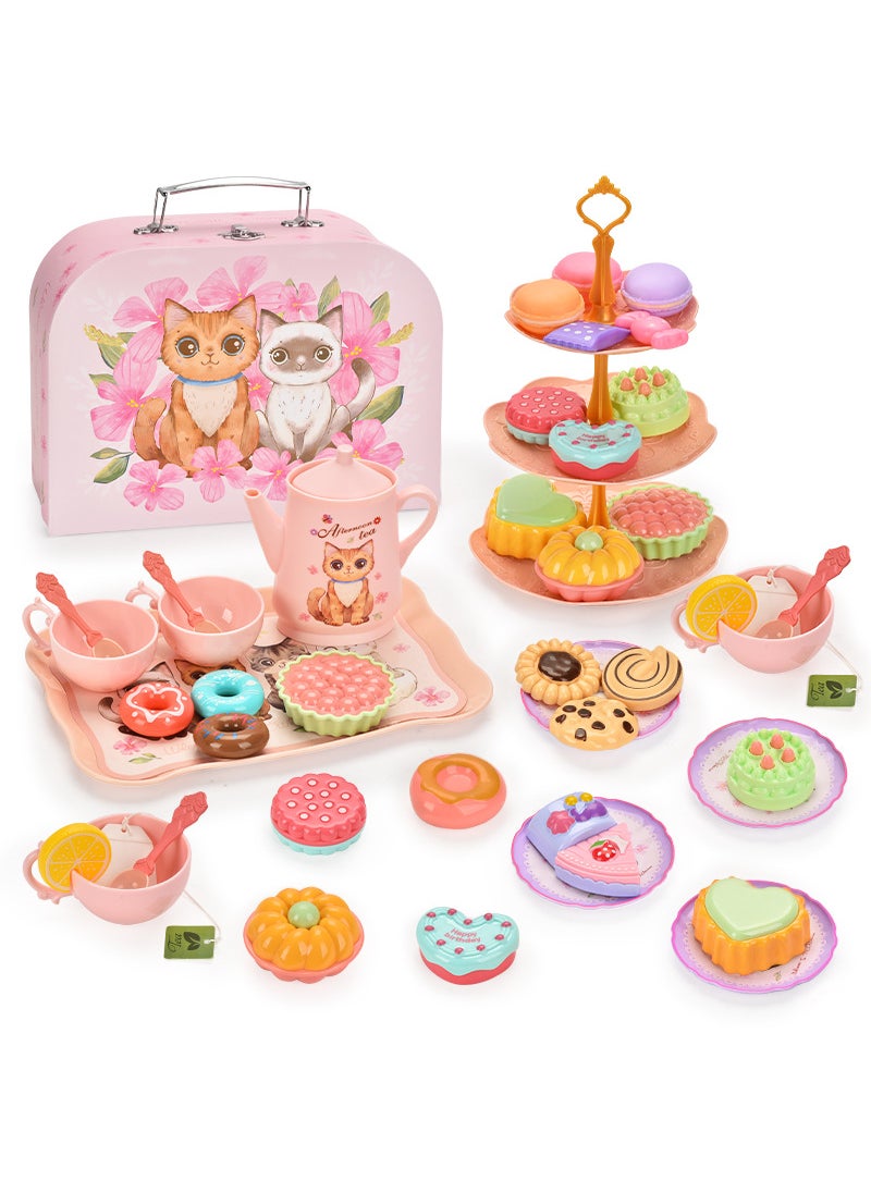 Pretend Play Desserts Tea Set Toy for Girls Cat tea set afternoon tea [portable gift box] B103