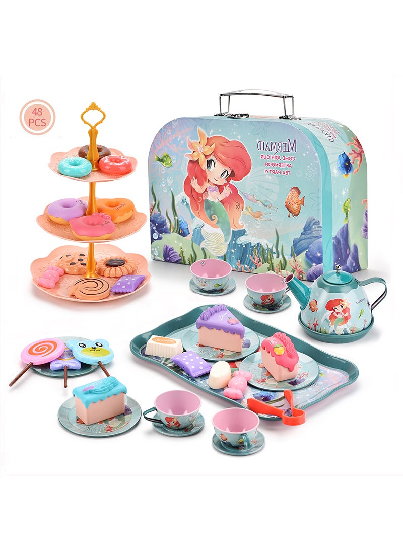 Pretend Play Desserts Tea Set Toy for Girls Tinplate mermaid tea set afternoon tea [portable gift box] M8068