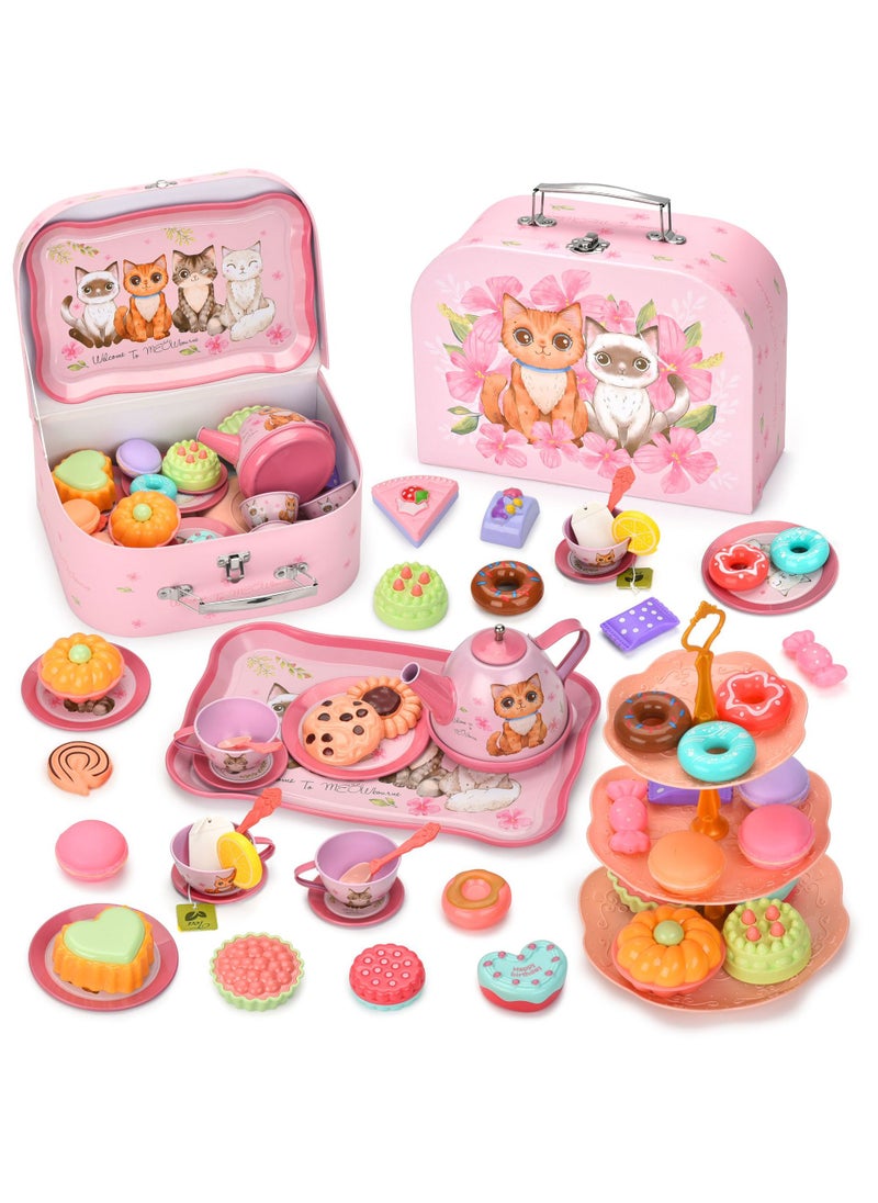 Pretend Play Desserts Tea Set Toy for Girls Tinplate cat tea set afternoon tea [portable gift box] H153