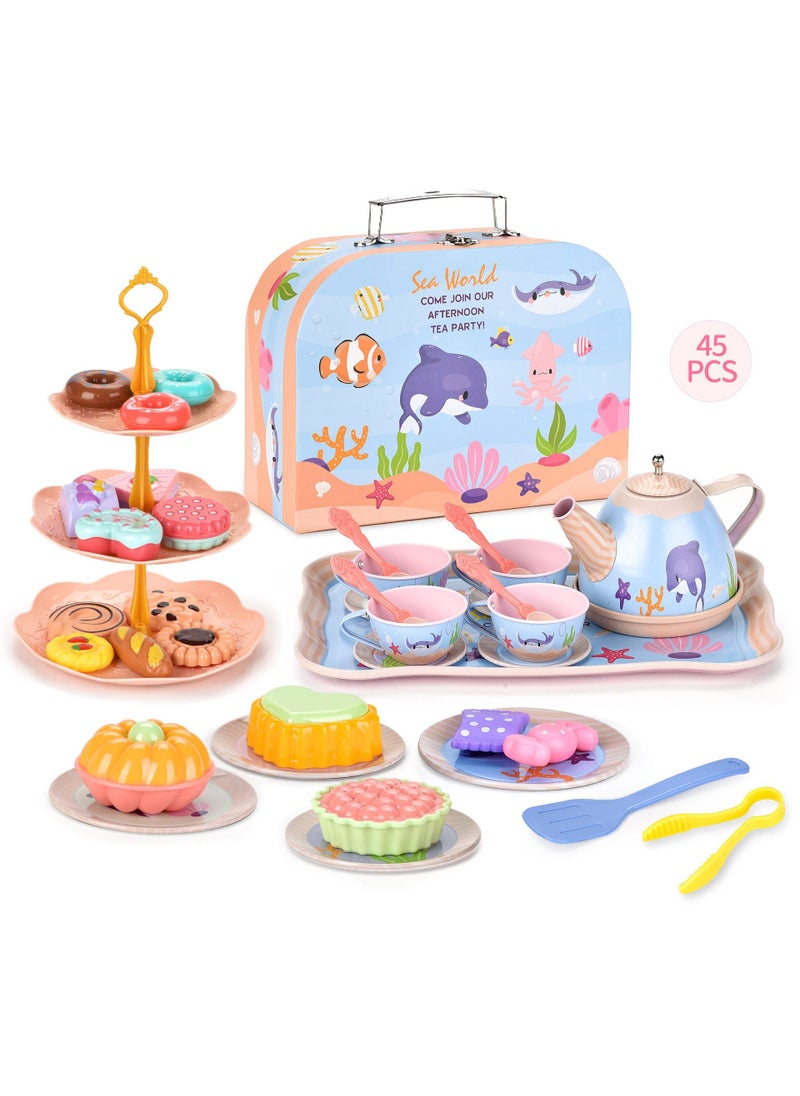 Pretend Play Desserts Tea Set Toy for Girls Tinplate ocean tea set afternoon tea [portable gift box] M5016