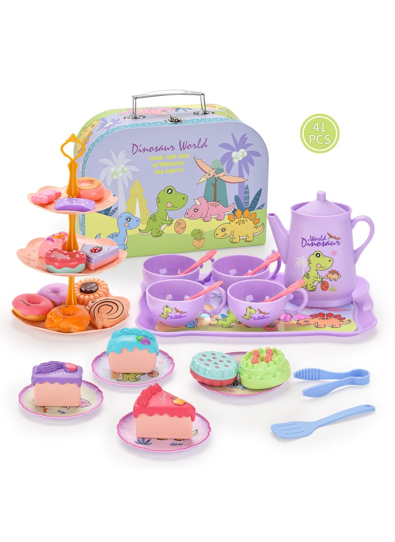 Pretend Play Desserts Tea Set Toy for Girls Dinosaur tea set afternoon tea [portable gift box] M5012