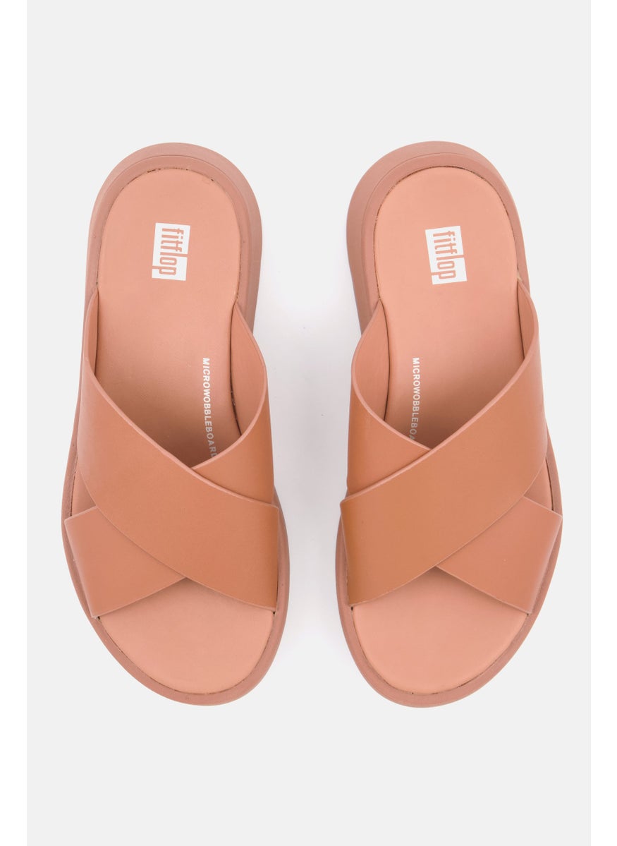 Women Slip On Flat Form Cross Sandals, Tan