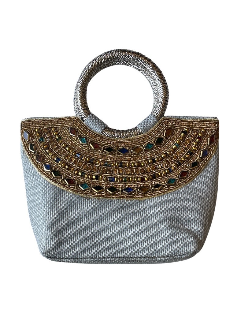 HGC's Multicolor Jute Handmade Bag Light Gray