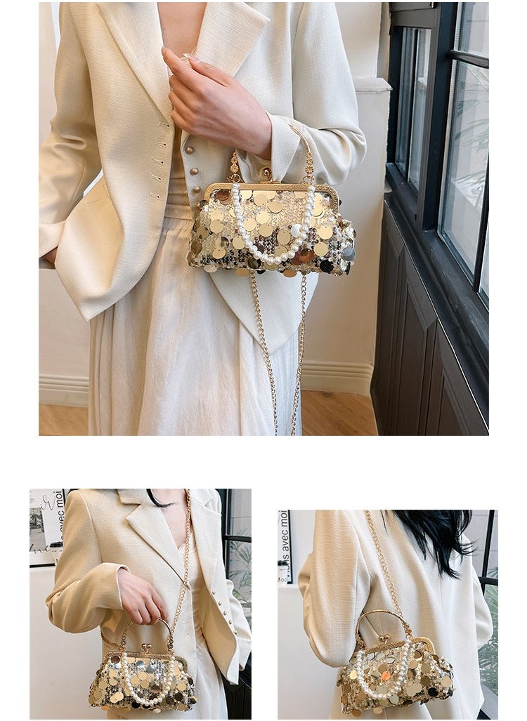 Sparkling Clip On Dinner Bag For Women New High-end Exquisite Small Square Bag European And American Pearl Chain Bag