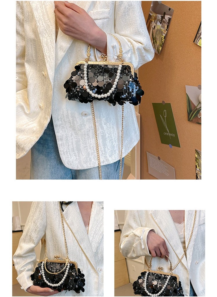 Sparkling Clip On Dinner Bag For Women New High-end Exquisite Small Square Bag European And American Pearl Chain Bag