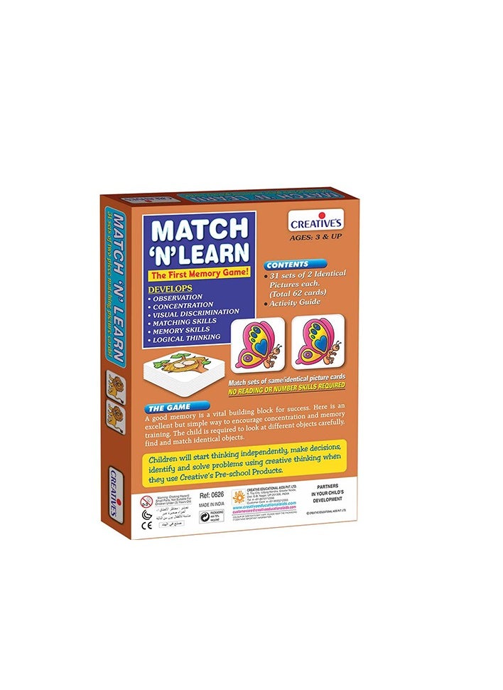 Creative's Match 'N' Learn | The First Memory Game | Pre-School Picture Cards for kids | Pre-School Learning & Educational Game | Matching Game | for Ages 3 & up