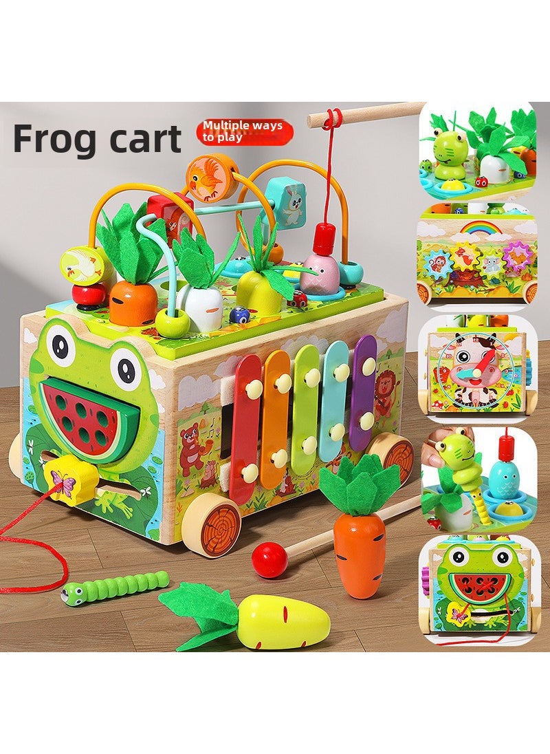 cpc childrens educational toys farm radish pulling toys shape matching wooden intelligence car baby 1-3 years old Hand-painted frog cart