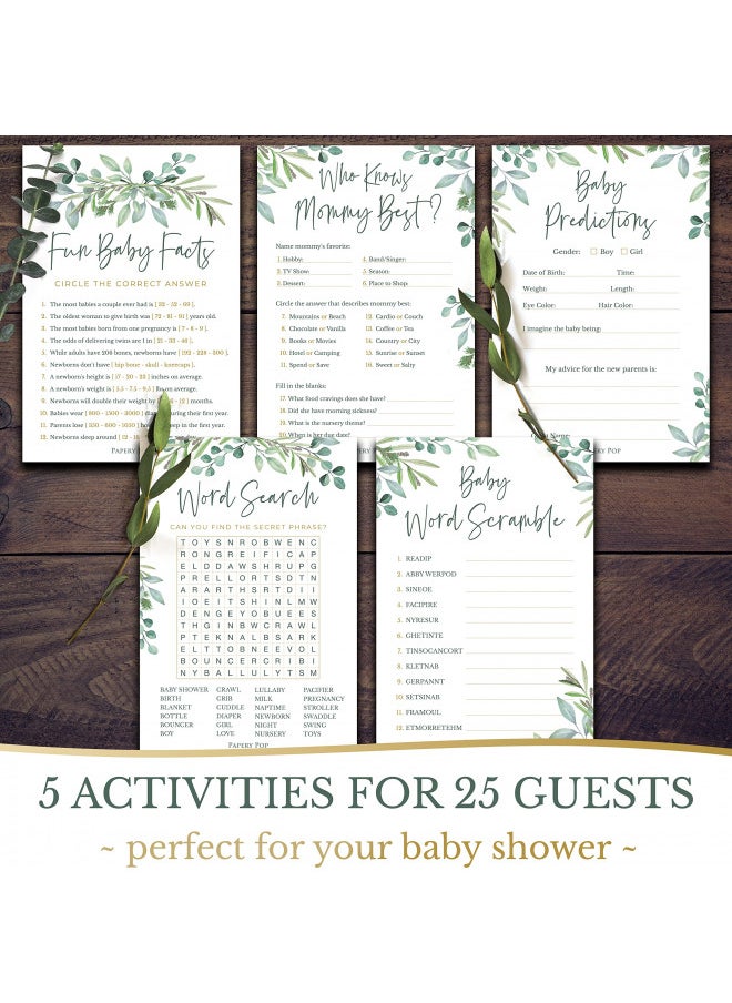 Baby Shower Games - 5 Activities for 25 Guests - Double Sided Games - Eucalyptus