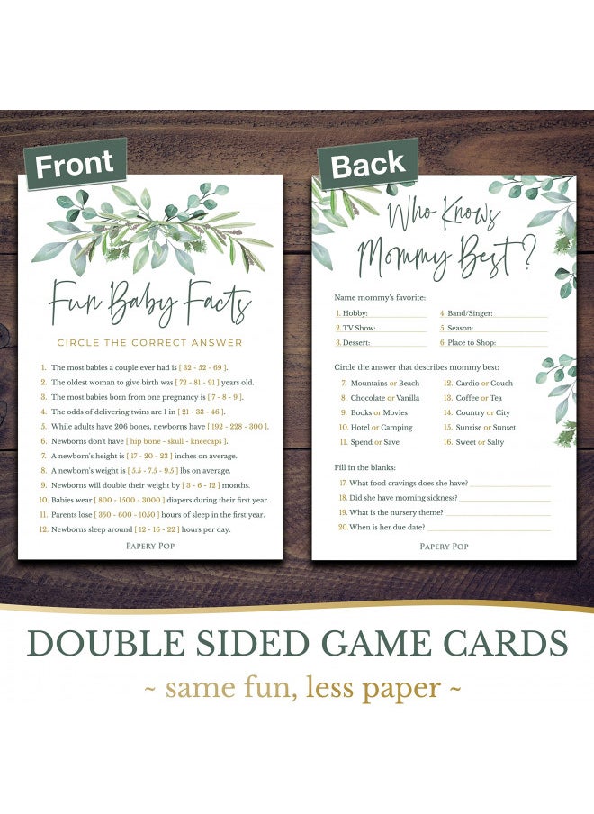 Baby Shower Games - 5 Activities for 25 Guests - Double Sided Games - Eucalyptus