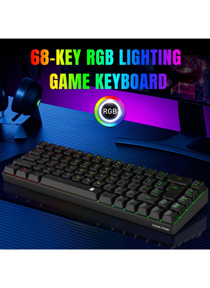 ROCK POW 60% Wired Gaming Keyboard RGB Backlit Mini Keyboard Waterproof Small Ultra-Compact 68 Keys Keyboard for PC/Mac Gamer Typist Travel Easy to Carry on Business Trip Black