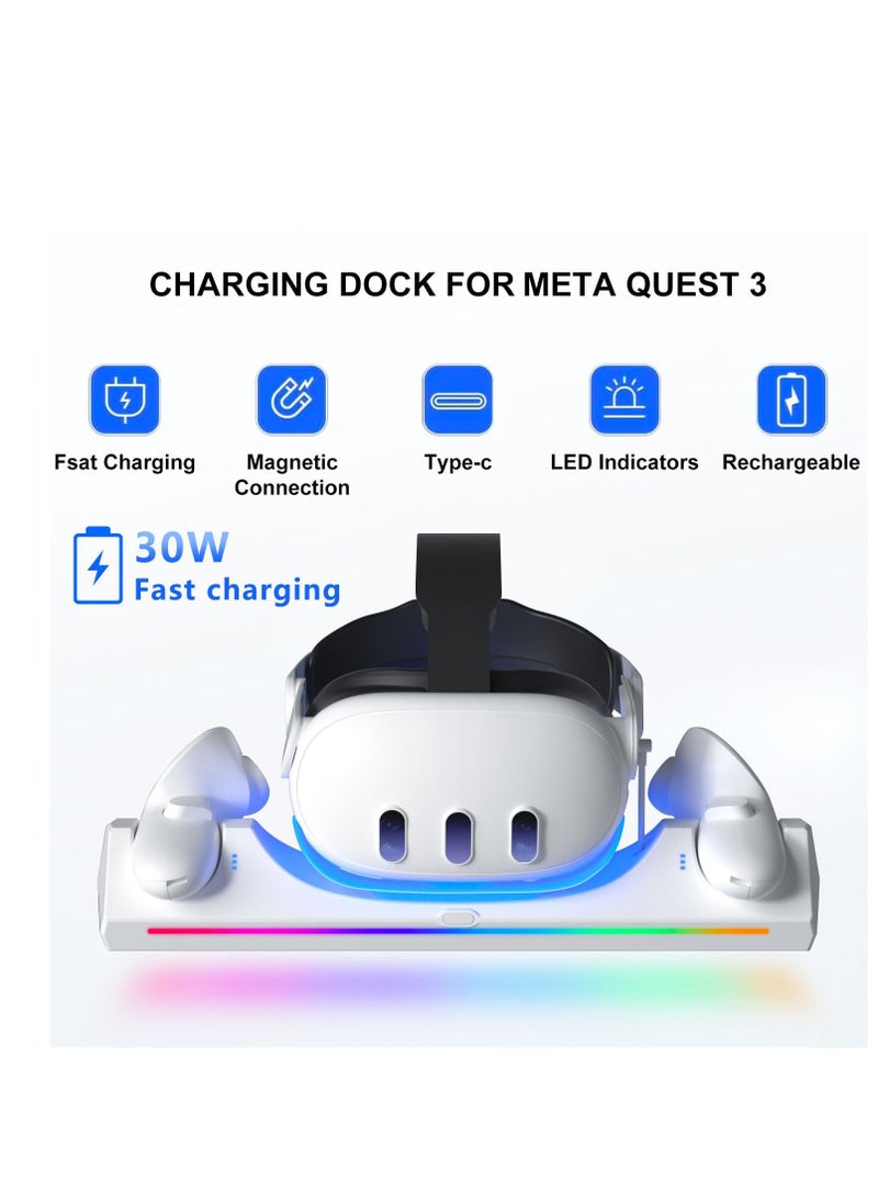 Charging Station for Meta/Oculus Quest 3 Accessories, 30W Fast Adapter Charging Dock for Meta Quest 3 with LED Indicator  and 2 * 1800mAh Rechargeable Batteries Headset