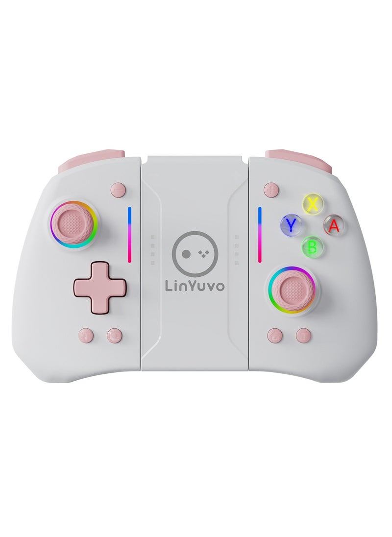 Classic Gamepad LinYuvo Joycon Bluetooth Game Controller Compatible with Switch, Switch Lite, Switch OLED Color RGB Light Six-Axis Gyroscope Turbo Function Adjustment Dual Vibration White Pink