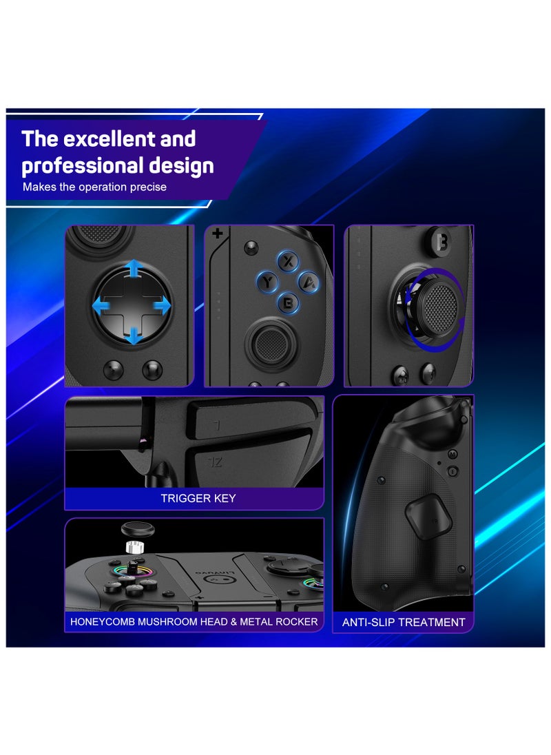 Professional Gamepad LinYuvo Joycon Bluetooth Game Controller Compatible with Switch, Switch Lite, Switch OLED 8 Colors RGB Light Six-Axis Gyroscope Turbo Function Adjustment Dual Vibration Wake-Up Function Motion Control Metal Joystick Black