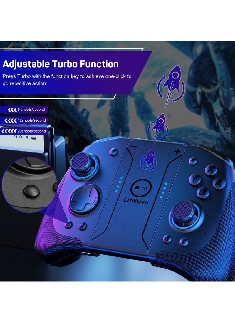 Professional Gamepad LinYuvo Joycon Bluetooth Game Controller Compatible with Switch, Switch Lite, Switch OLED 8 Colors RGB Light Six-Axis Gyroscope Turbo Function Adjustment Dual Vibration Wake-Up Function Motion Control Metal Joystick Black