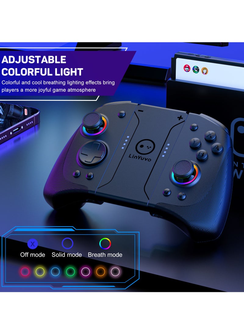 Professional Gamepad LinYuvo Joycon Bluetooth Game Controller Compatible with Switch, Switch Lite, Switch OLED 8 Colors RGB Light Six-Axis Gyroscope Turbo Function Adjustment Dual Vibration Wake-Up Function Motion Control Metal Joystick Black