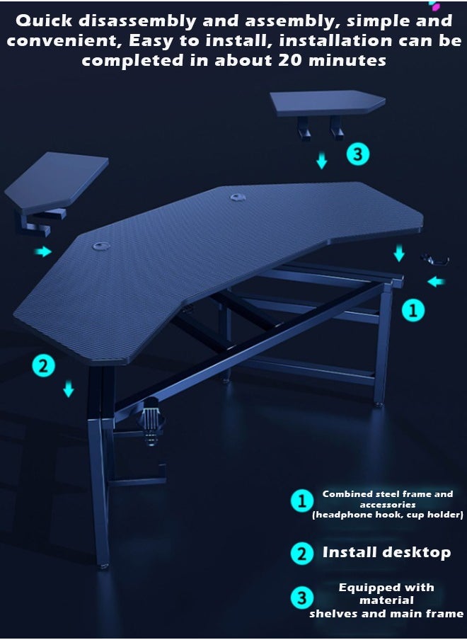 Aircraft Gaming Desk with Double-Sided Storage, Carbon Fiber Frame, Desktop Computer and Workbench Table 140 cm