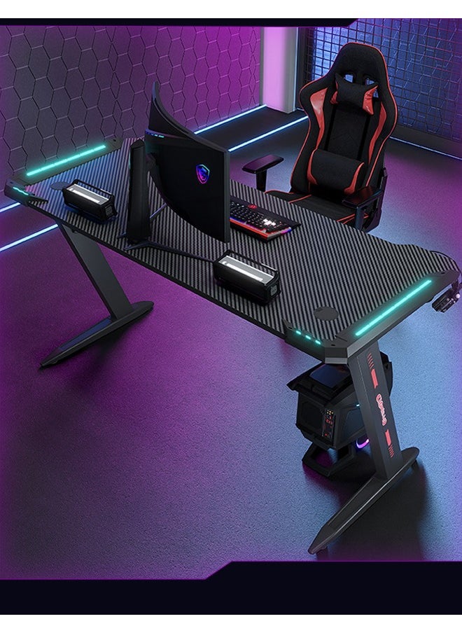 Premium Gaming Desk with RGB LED Lights, E-Sports Computer Desk with Carbon Fiber Surface, Cup Holder and Headphone Hook, Home Gaming Desk with RGB Atmosphere Lighting 120 cm