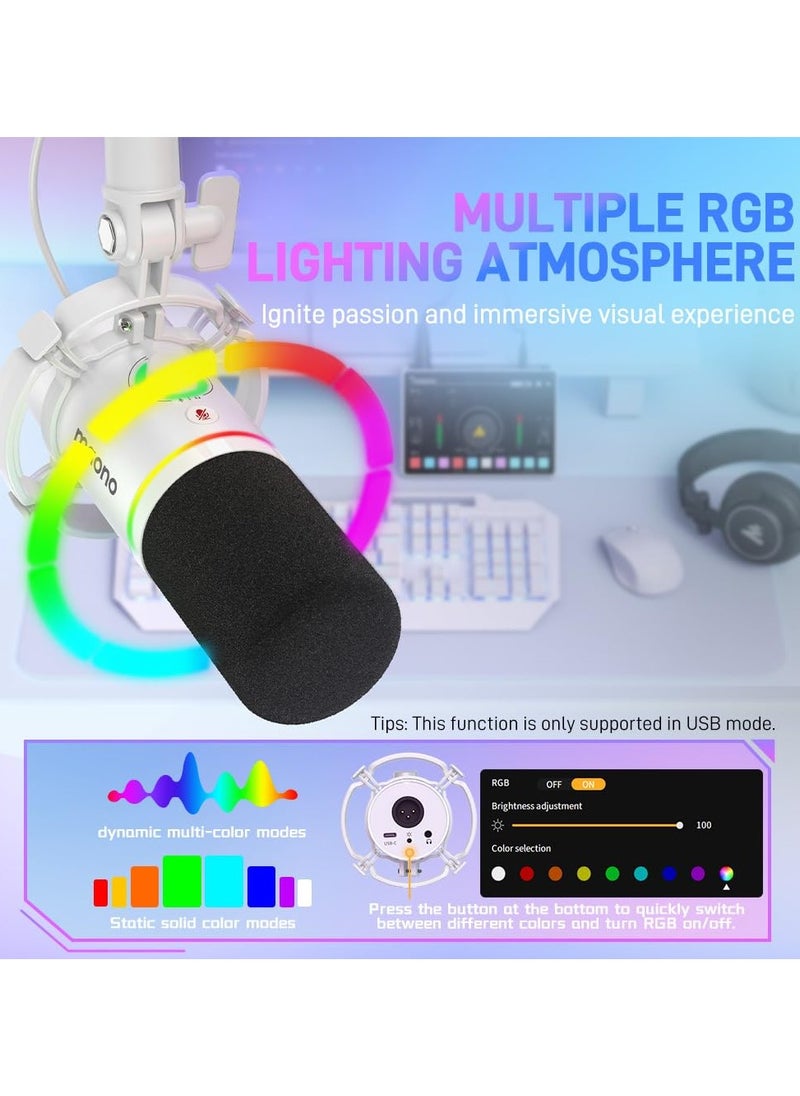 MAONO XLR/USB Dynamic Microphone, RGB Gaming Mic with Software - PD200X (White)