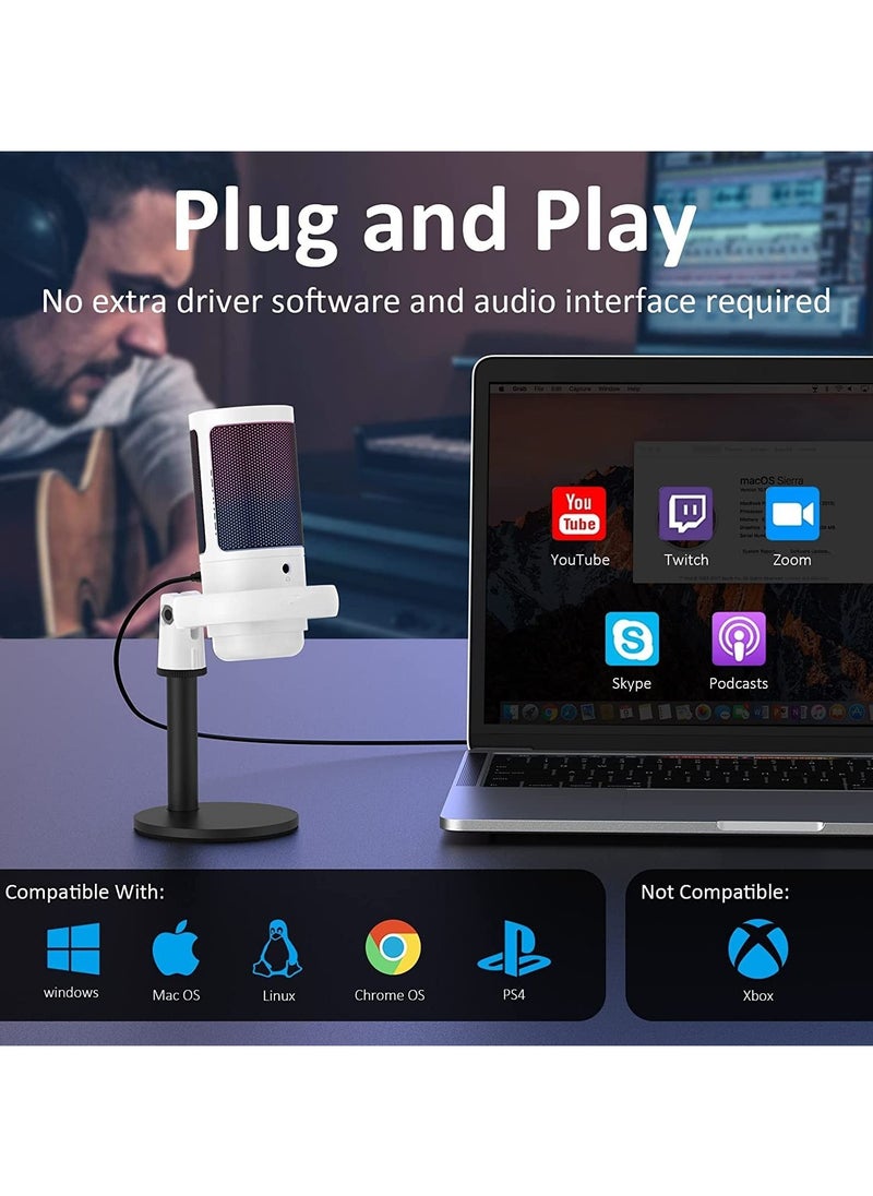 Condenser Microphone, Gaming Microphone suitable for Mac/PS4/PS5, USB Microphone for PC with RGB, Touch Mute, Plug and Play, Gain knob & Monitoring Mic for Recording, Streaming, Podcasts