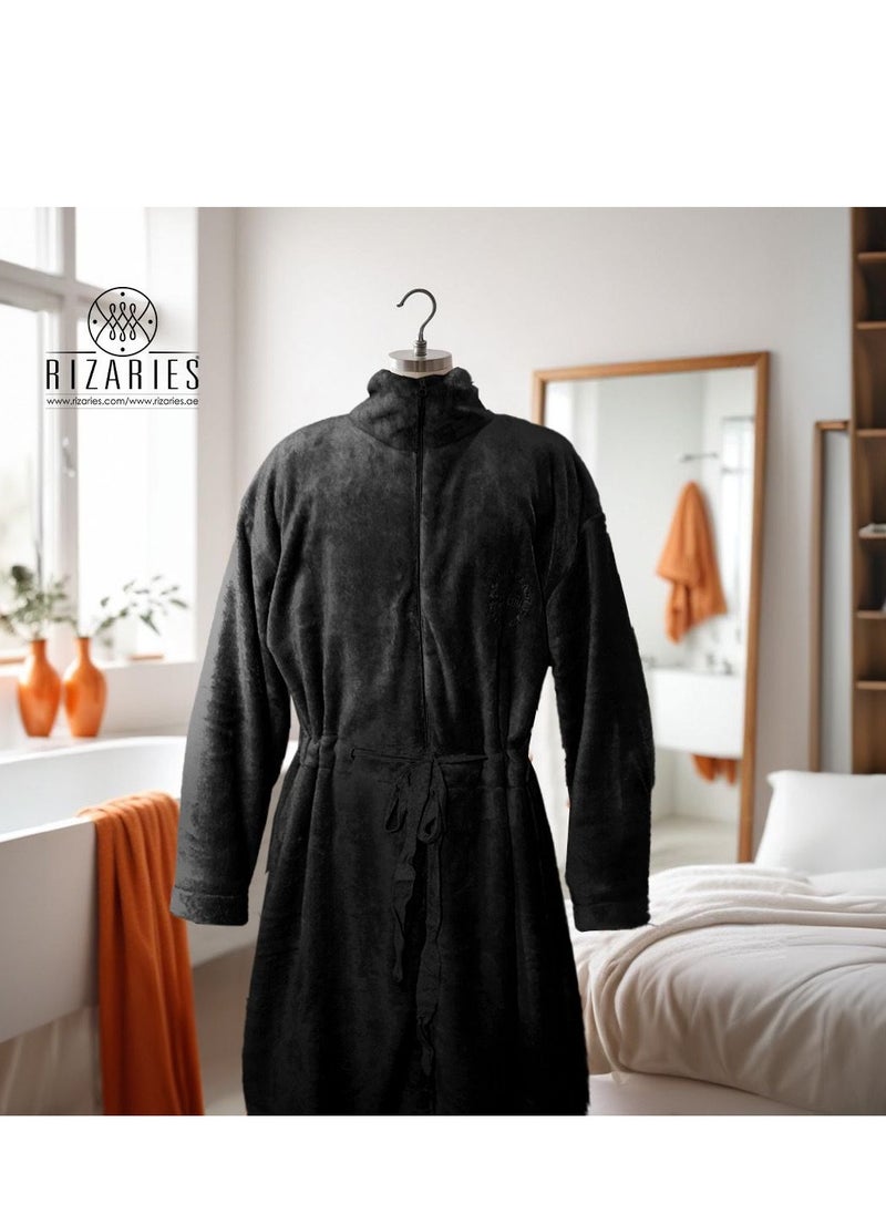 Luxury Bathrobe - Soft Fleece Zipper- Black - Unisex