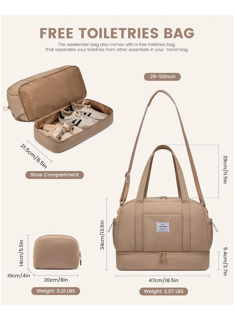 Lightweight Travel Bag Women's Hand Luggage Weekender Duffle Bag with Shoe Compartment - Khaki