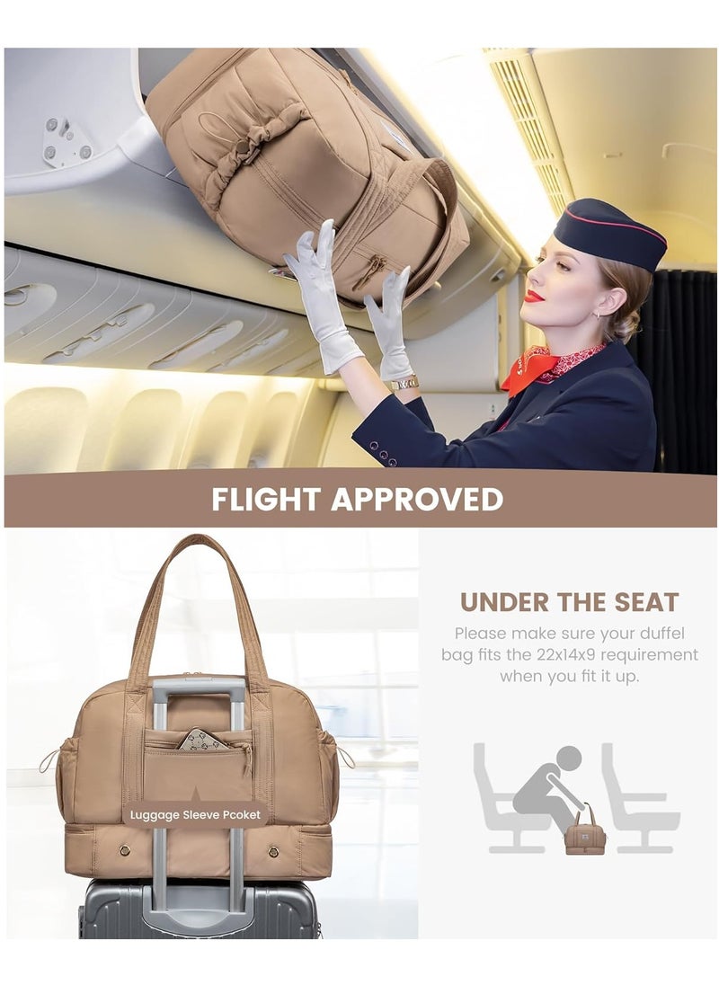 Lightweight Travel Bag Women's Hand Luggage Weekender Duffle Bag with Shoe Compartment - Khaki