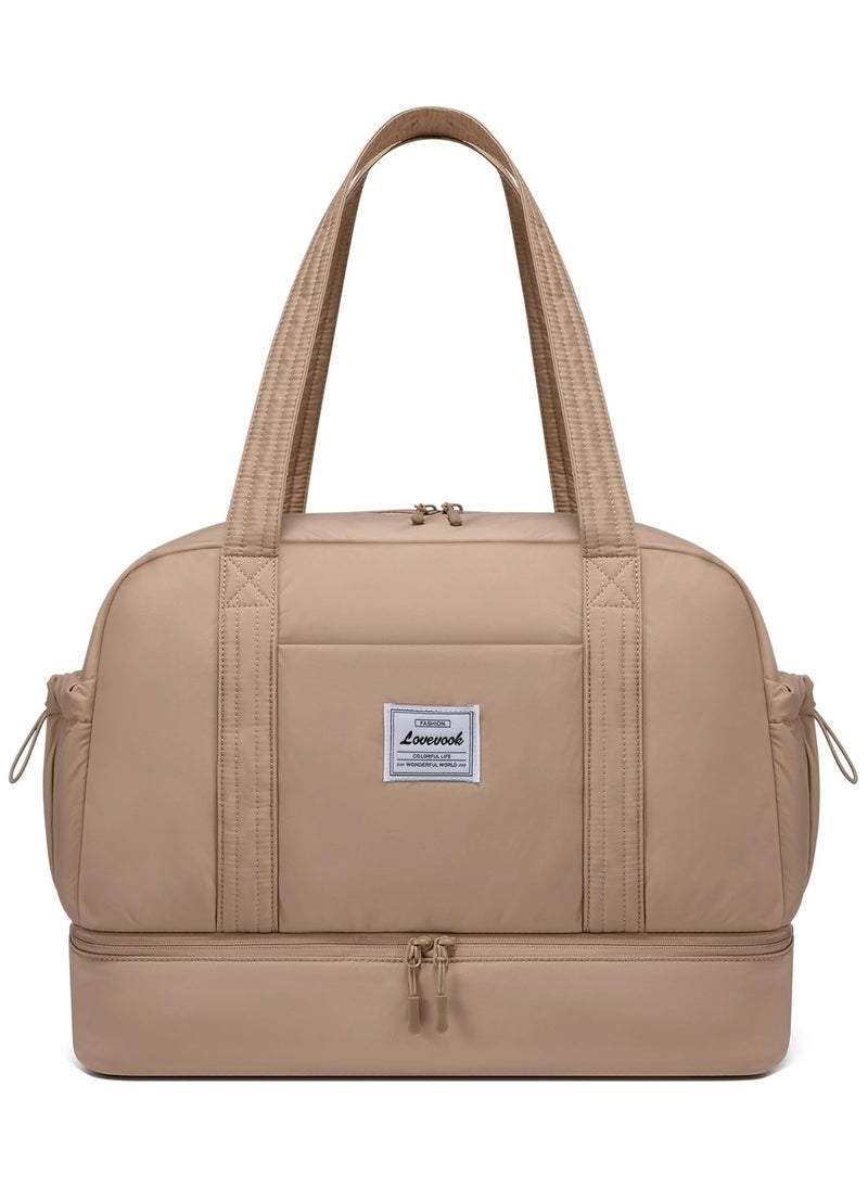 Lightweight Travel Bag Women's Hand Luggage Weekender Duffle Bag with Shoe Compartment - Khaki