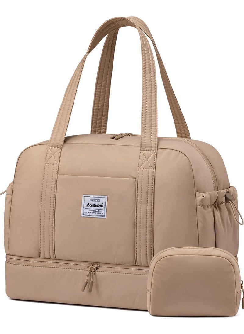 Lightweight Travel Bag Women's Hand Luggage Weekender Duffle Bag with Shoe Compartment - Khaki