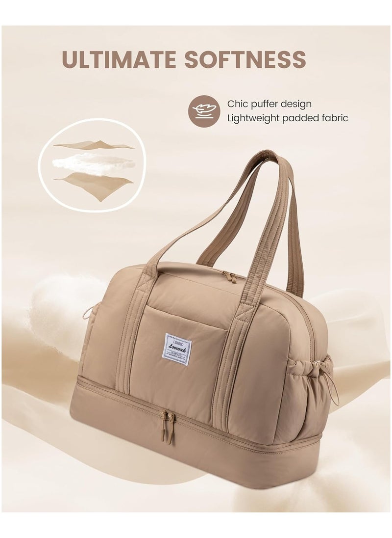 Lightweight Travel Bag Women's Hand Luggage Weekender Duffle Bag with Shoe Compartment - Khaki