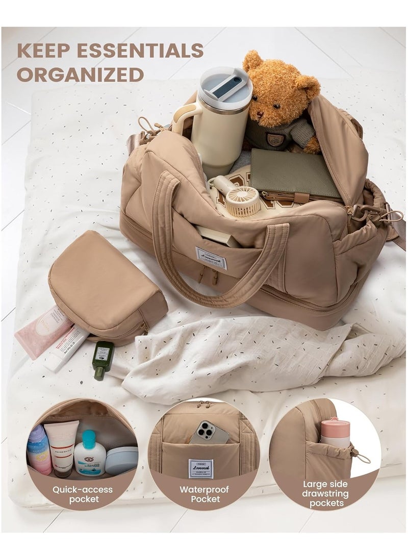 Lightweight Travel Bag Women's Hand Luggage Weekender Duffle Bag with Shoe Compartment - Khaki