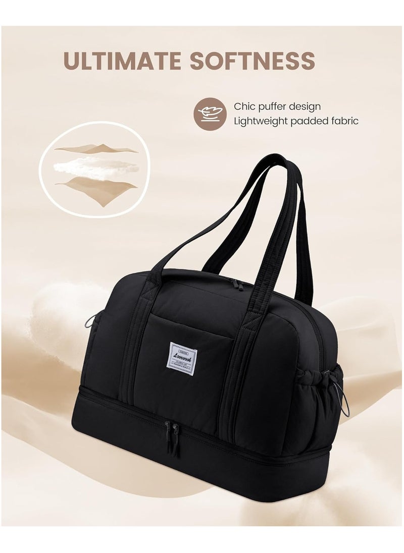 Lightweight Travel Bag Women's Hand Luggage Weekender Duffle Bag with Shoe Compartment - Black