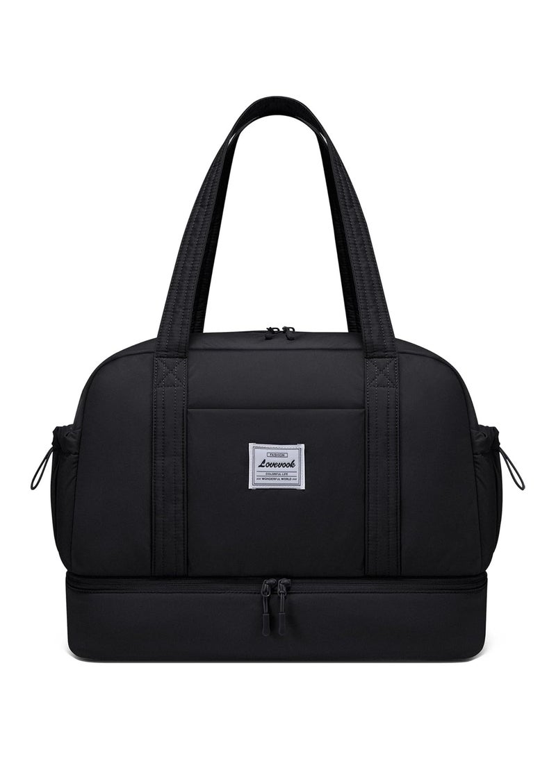 Lightweight Travel Bag Women's Hand Luggage Weekender Duffle Bag with Shoe Compartment - Black