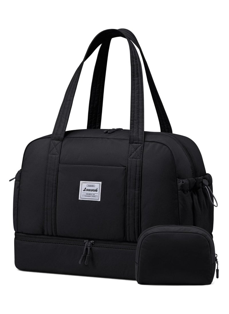 Lightweight Travel Bag Women's Hand Luggage Weekender Duffle Bag with Shoe Compartment - Black