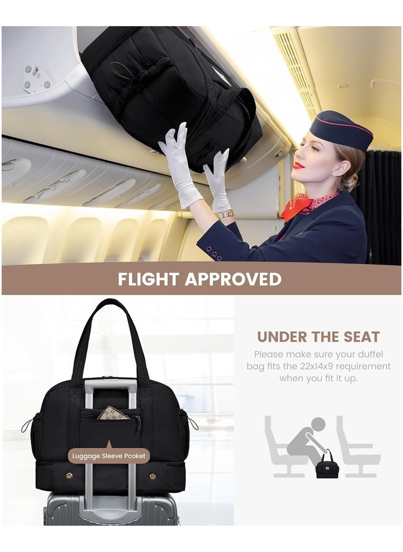 Lightweight Travel Bag Women's Hand Luggage Weekender Duffle Bag with Shoe Compartment - Black