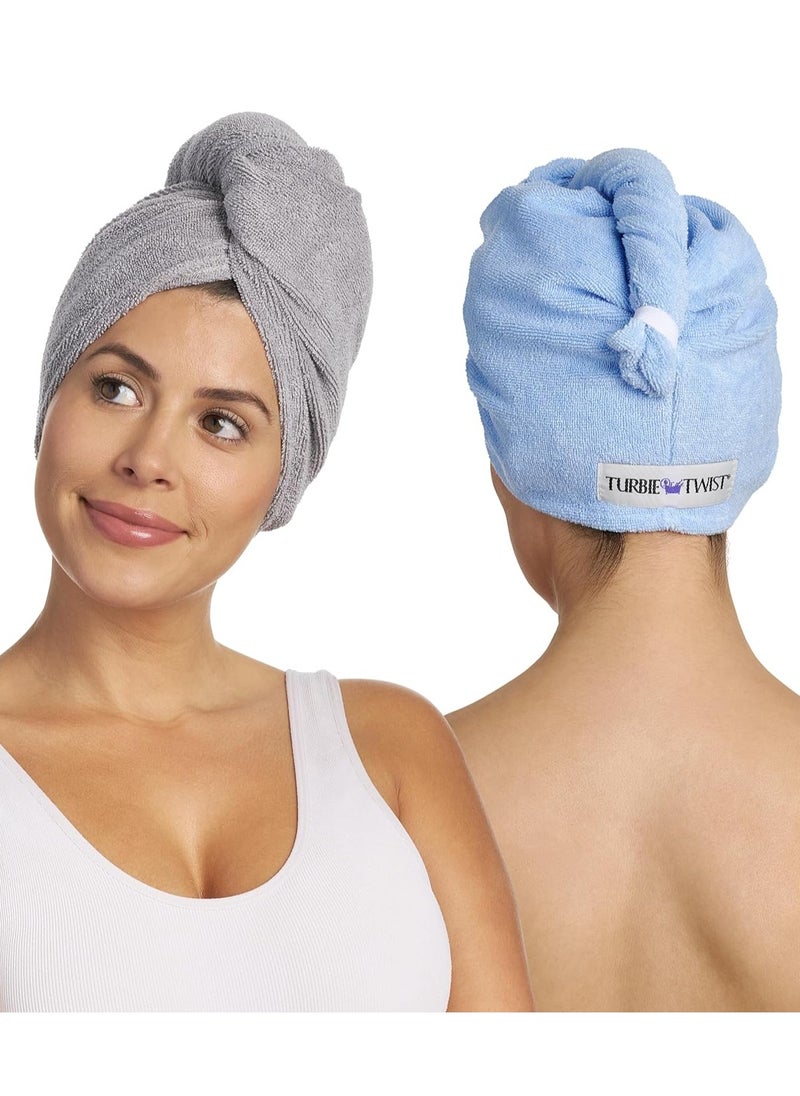 Turbie Twist 2-Pack Microfiber Hair Towel for Beauty, Travel, Gifting - Hair Wrap Turban for Straight, Wavy & Curly Hair - Premium Hair Care - Grey & Blue